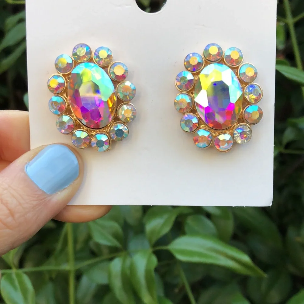 Aurora Borealis Oval Crystal Halo Statement Earrings